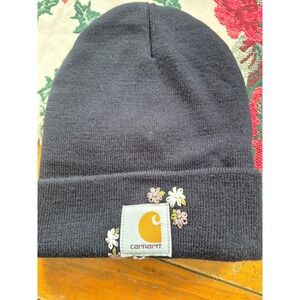 Custom Beanie Navy Blue Embroidered Flowers Acrylic Women One Size